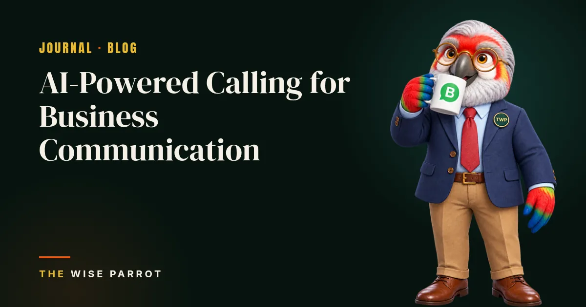 AI-Powered Calling for Business Communication: cover illustration with The Wise Parrot mascot