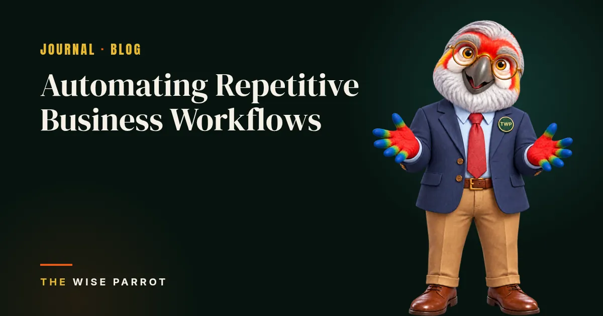 Automating Repetitive Business Workflows: cover illustration with The Wise Parrot mascot