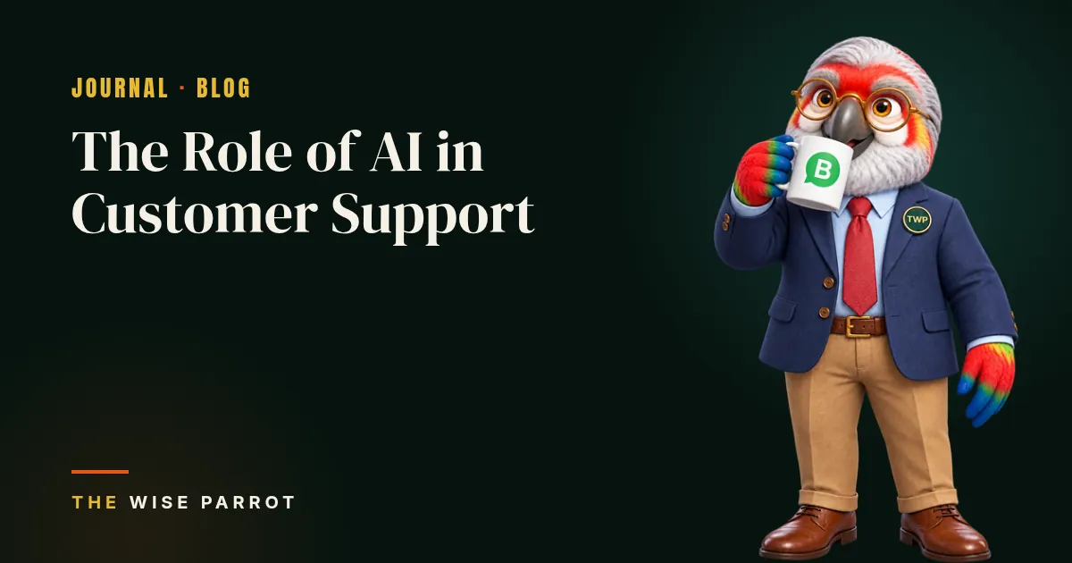 The Role of AI in Customer Support: cover illustration with The Wise Parrot mascot