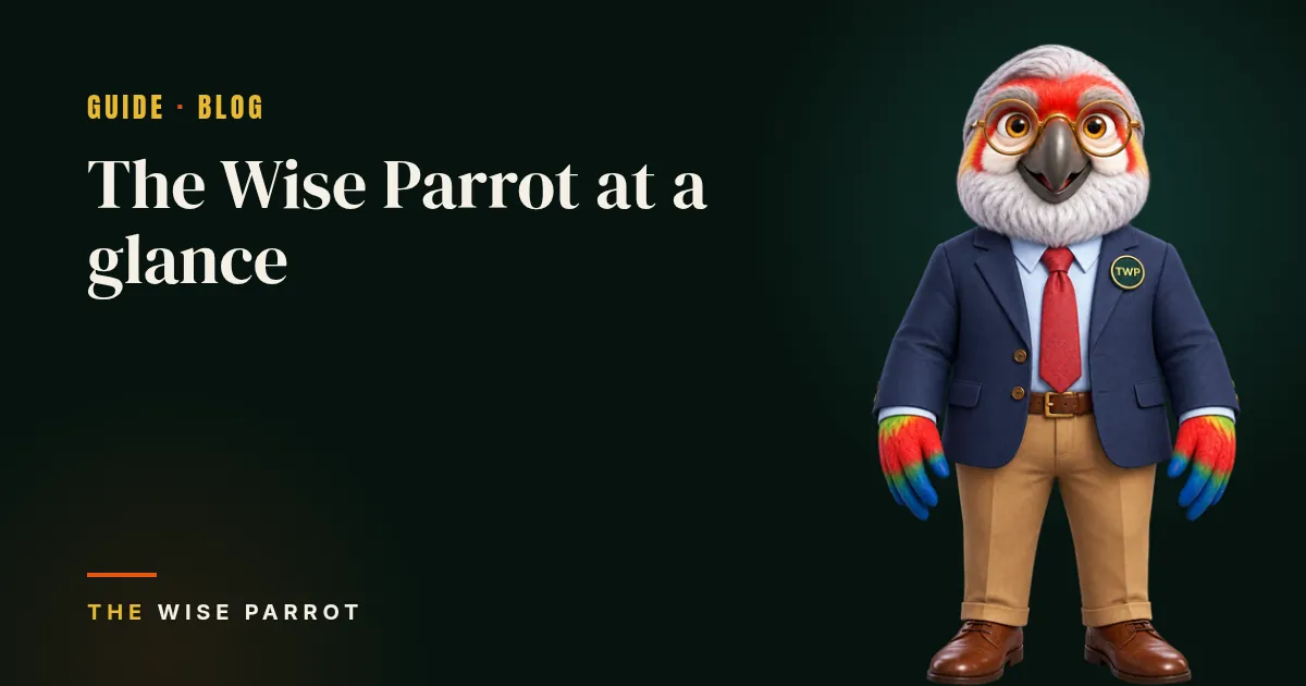 The Wise Parrot at a glance: cover illustration with The Wise Parrot mascot