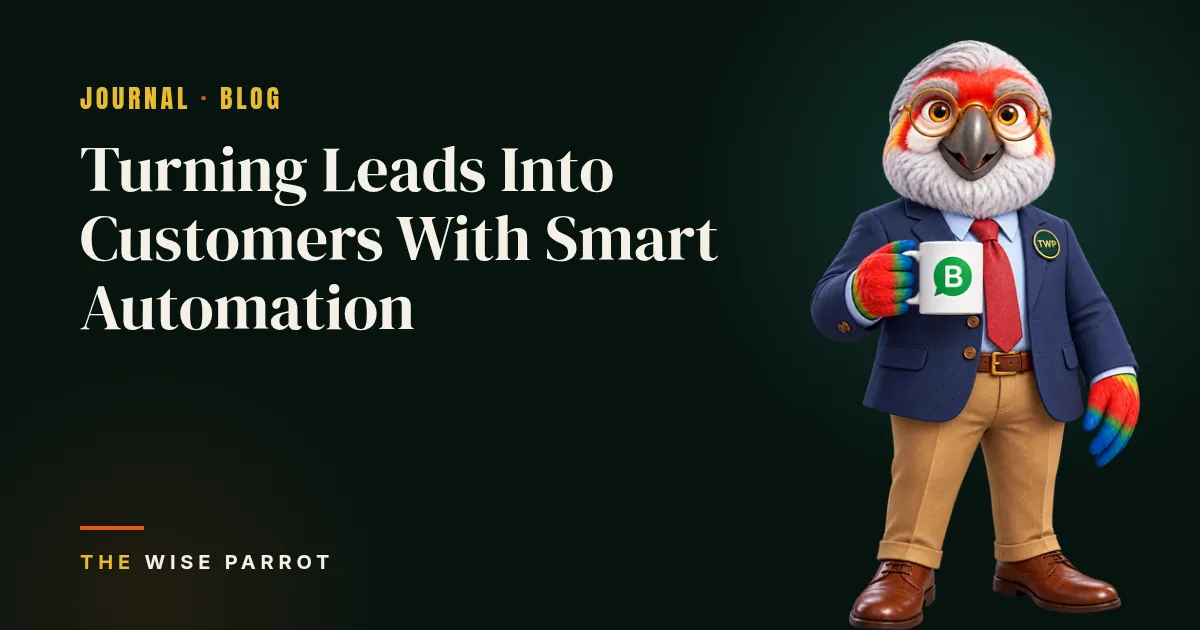 Turning Leads Into Customers With Smart Automation: cover illustration with The Wise Parrot mascot
