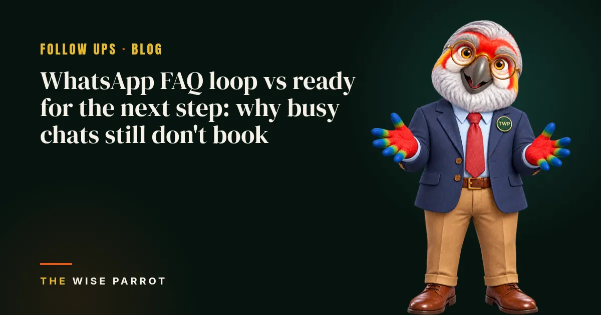 WhatsApp FAQ loop vs ready for the next step: why busy chats still don't book: cover illustration with The Wise Parrot mascot