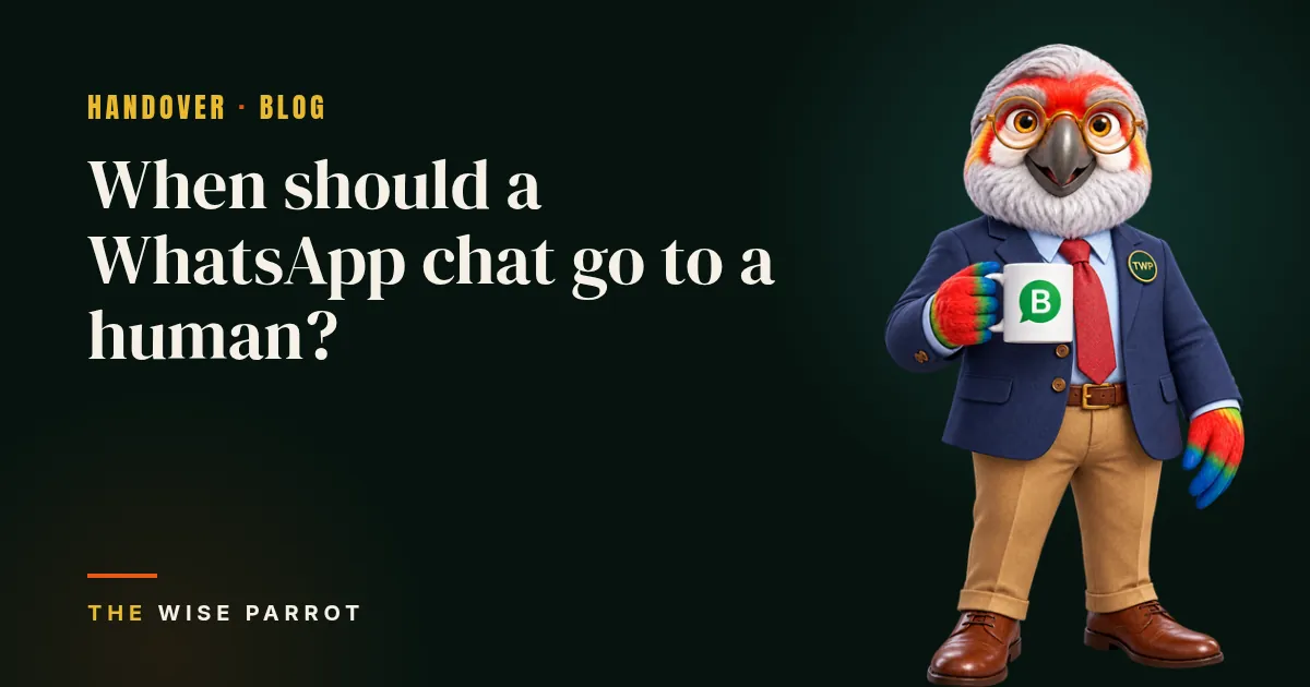 When should a WhatsApp chat go to a human?: cover illustration with The Wise Parrot mascot