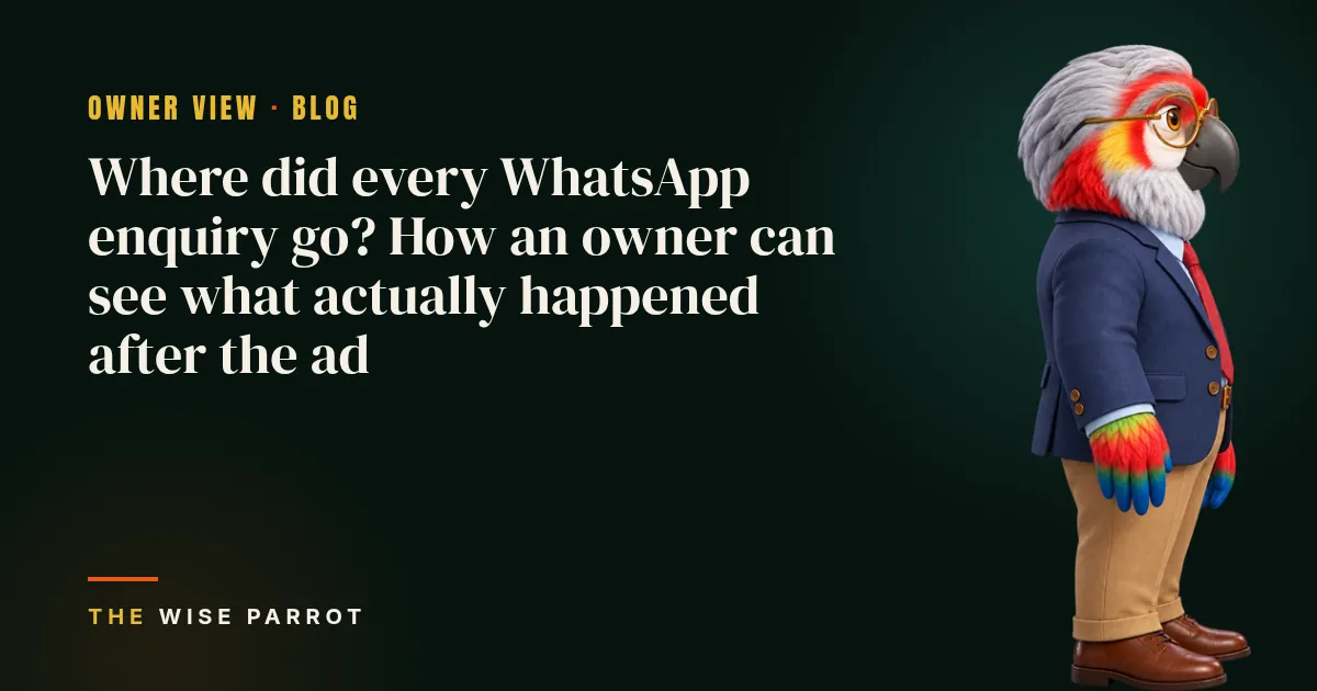 Where did every WhatsApp enquiry go? How an owner can see what actually happened after the ad: cover illustration with The Wise Parrot mascot