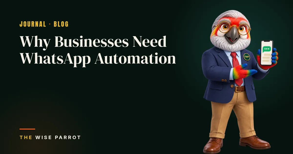 Why Businesses Need WhatsApp Automation: cover illustration with The Wise Parrot mascot