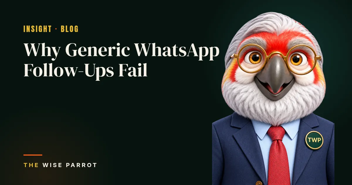Why Generic WhatsApp Follow-Ups Fail: cover illustration with The Wise Parrot mascot